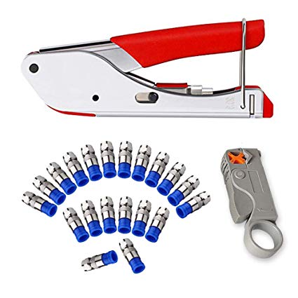 Coax Cable Crimper Tool kit,Coaxial Compression Cable Stripper Tool Wire Terminal with 20PCS F RG6 RG59 Connectors