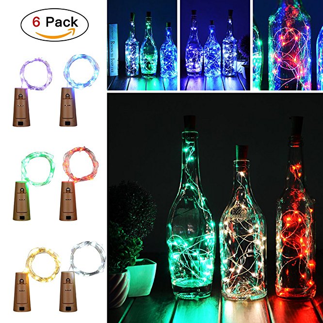 6 Pack Cork Lights with Screwdriver, 20 LED 2M Bottle Lights, Copper Wire String Lights for DIY Party Wedding Christmas Tree Decoration (6 Colors)