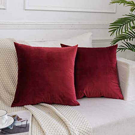JUSPURBET Burgundy Velvet Throw Pillow Covers 22x22 Set of 2,Decorative Soft Solid Cushion Cases for Couch Sofa Bed