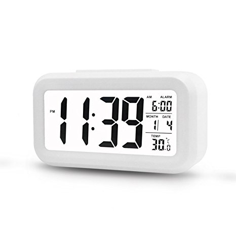 Firodo Alarm Clock,Digital Easy to Set and Watch with Large LCD Screen Low Light Soft Night Light Repeating Snooze Month Date & Temperature Display (White)