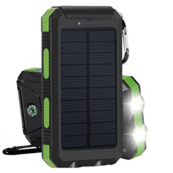 Solar Charger, 10000mAh FKANT Portable Dual USB Solar Battery Charger External Battery Pack Phone Charger Power Bank with 2LED Flashlight and Compass and Carabiner for iPhone iPad Samsung and More