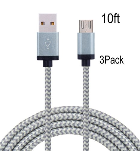 Frieso 3Pack 10ft Premium Micro USB Charging Cable High Speed Extra Long USB Charger for Android,Samsung,Nexus, HTC, Motorola, Nokia,HUAWEI and More.(Gray)