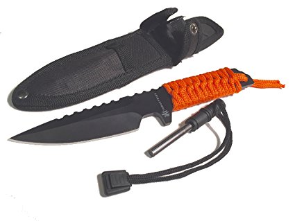 DAX Industries Fixed Blade Survival Knife With Magnesium Fire Starter, 4 Inch Full Tang Blade, Stainless Steel, Nylon Sheath and Orange Cord Included, Perfect for Any Outdoor Use.