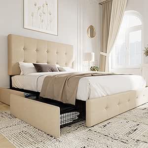 Allewie Upholstered Full Size Platform Bed Frame with 4 Storage Drawers and Headboard, Square Stitched Button Tufted, Mattress Foundation with Wooden Slats Support, No Box Spring Needed, Beige