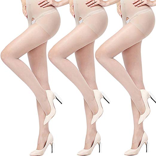 Women’s Sexy Crotchless Pantyhose 3 Pair, Push-up Satin Fatal Open Crotch Free Tights,Closed Top 15D