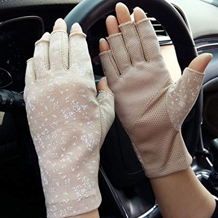 Qchomee Ladies Half Finger Summer Mesh Driving Gloves Cycling Sun Protection Lace Gloves Sport GYM Fitness Workout Fingerless Racing Mitts Non-slip Breathable Short Riding Motorcycling Gloves