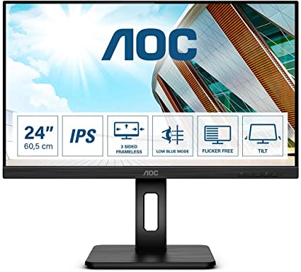 AOC Q24P2Q - 24 Inch QHD Monitor, 75Hz, 4ms, IPS, USB Hub, Height Adjust, Flicker Free, Pivot (2560x1440 @75Hz, 250cd/m², HDMI 1.4 x 1, DisplayPort 1.2 x 1, VGA, USB 3.2 x 4)