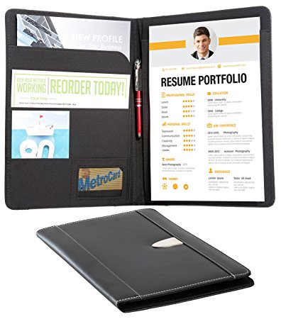 Resume Portfolio Padfolio Genuine Bonded Leather Portfolio with Replaceable A4 Letter Size Writing Pad, Document Holder, Card Holder and Pen Holder by eFolio, Black