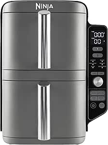 NINJA Double Stack XL Air Fryer, Oil Free Deep Fryer Vertical Double Drawer 4 Cooking Levels, 2 Drawers, 2 Racks, 9.5L Capacity, 6 Functions, 8 Servings, Tongs, Black/Copper SL400EUCP