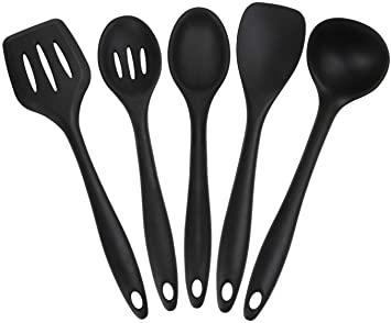 Joyoldelf 5 Piece Premium Silicone Kitchen Baking Set - Spatulas, Spoons & Turner - Heat Resistant Cooking Utensil (Black)