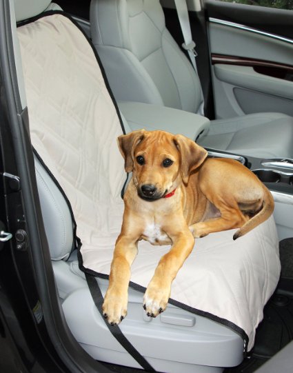 Pet Bucket Seat Cover - Premium Quilted Luxury Padding - Waterproof - Non-slip Rubber Backing - Secure Fit Seat Anchor - Any Size Dog - Fits Car, Truck, SUV Front Seat - Tan - Bonus Seat Belt Harness