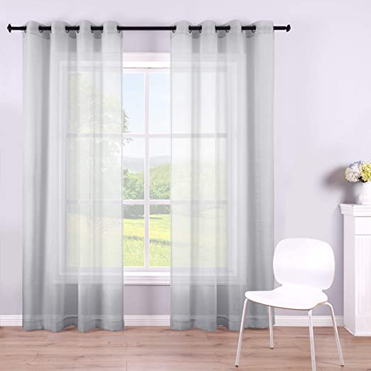 Gray Sheer Curtains 96 Inches Long for Office 2 Panels Set Pair Grommet Window Tulle Drape Semi Voile Transparent Silver Sheer Curtains for Dining Room Dorm Bedroom Living Room Extra Length Light Grey