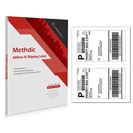 Methdic 2-UP Half Sheet 5-1/2" x 8-1/2" Shipping Labels, 200 Labels/100 Sheets Permanent Adhesive Labels Package Mailing Address Stickers for UPS USPS FedEx for Laser & Inkjet Printers
