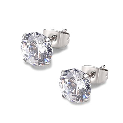 Round Clear Cubic Zirconia Stainless Steel Stud Earring Pierced 3mm-8mm Fashion Mens Womens