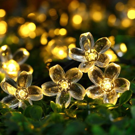 Outside Solar String Lights Outdoor Waterproof LED Flowers Decorations,ICICLE 23 Ft 50 Fairy Warm White LEDs Blossom Garden Lighting for Christmas,Patio,Lawn,Fence,Holiday (Low Voltage)
