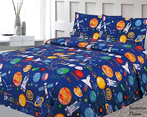 Sapphire Home Three (3) Piece Twin Size Print Sheet Set with Fitted, Flat and 1 Pillow Case, Space Planets Rockets Blue Multicolor Boys Kids Bedding Sheets