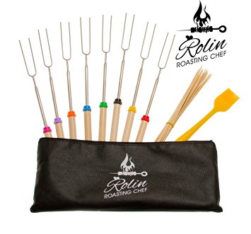 Premium Marshmallow Roasting Sticks set 8 Smores Skewers & 20 Bamboo Sticks & Patio fire Pit & Basting Brush & Bonus Canvas Pouch & 2 EbooK - Camping Cookware Campfire Cooking Kids Accessories
