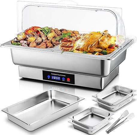 YORKING Electric Chafing Dish,9 QT Full Size with 4 x 4.5 QT Half Size Chafing Dish Buffet Set, Buffet Servers and Warmers with Roll Top & Temperature Control Display, Catering Food Warmer for Parties