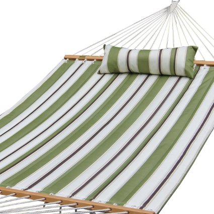 Prime Garden Quilted Fabric Hammock W/Pillow, Hardwood Spreader Bars, 2 People, Olive/White Stripe