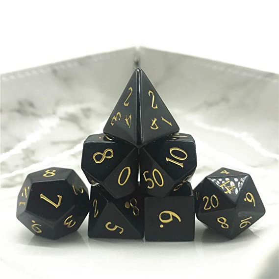 Momostar Set of 7 Stone Dice for RPG,Dungeons & Dragons Dices Handmade by Natural Gemstones. (Font A Obsidian)