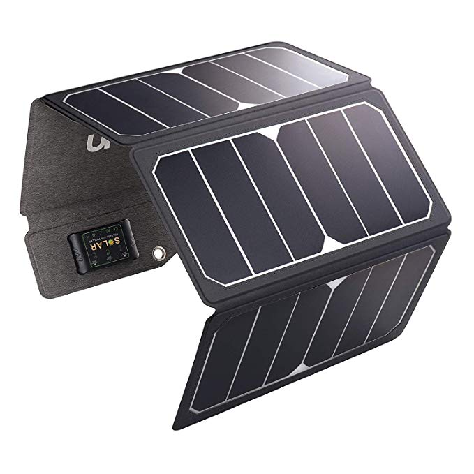 MOOLSUN Solar Charger 28W Portable Sunpower PU Solar Panel Charger with 3 USB Output Ports Waterproof Foldable Camping Travel Charger for Tablet Ipad iPhone and More