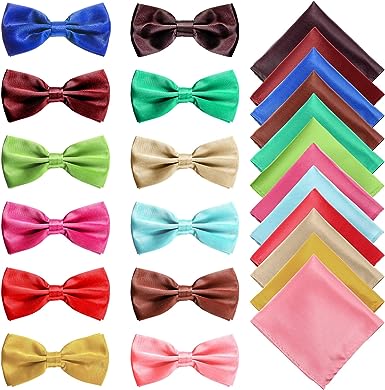 12 Sets Pre tied Bow Tie Pocket Square Handkerchief Solid Color Bowtie Satin Handkerchief for Men Boys