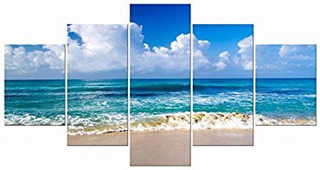 Pyradecor Seaside Large Size Modern Stretched and Framed Seascape 5 panels Giclee Canvas Prints Artwork on Canvas Wall Art for Home Decor