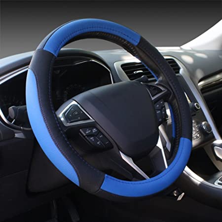 SEG Direct Black and Blue Microfiber Leather Auto Car Steering Wheel Cover Universal 15 inch