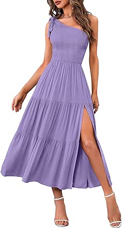 MEROKEETY Women's Summer One Shoulder Sleeveless Knot Smocked Midi Dress Split Tiered Flowy Dresses