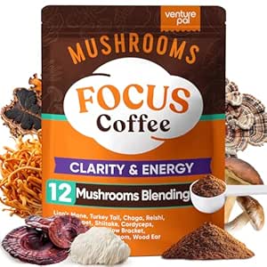 Venture Pal 12 Mushrooms Coffee Powder with Ashwagandha, Lion's Mane, Reishi, Probiotics & More, 1200mg(10:1) Extract Instant Mushroom Coffee for Focus, Immunity Boost, Memory & Clarity - 40 Servings