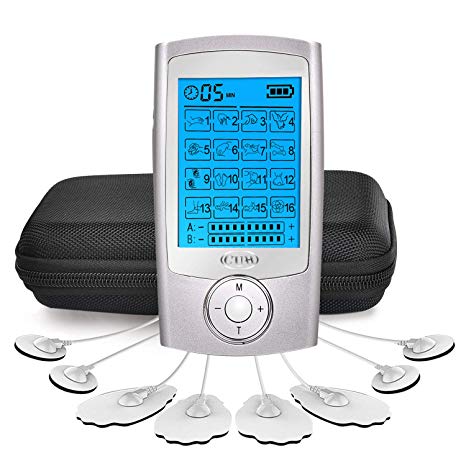 CUH Rechargeable TENS Unit Upgraded 16 Mode Massager with 8 Pad Independent A or B Channel Free Case