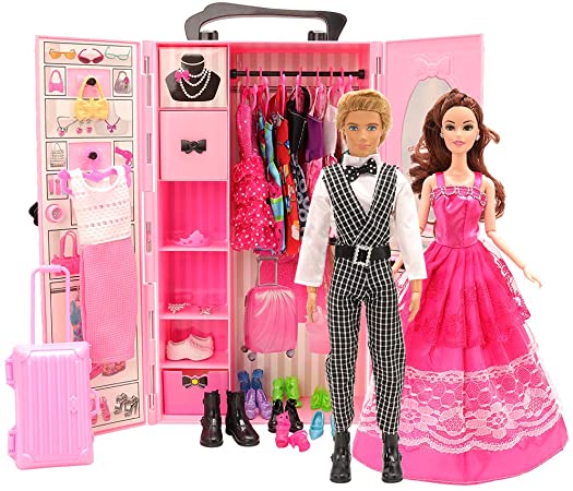 BM Closet Wardrobe 44 Pcs Doll Clothes Sets for Barbie Dolls Ken Doll Clothes Outfit and Barbie Dress, Shoes, Bags, Necklace, Hangers, Trunk 11.5 inch Doll