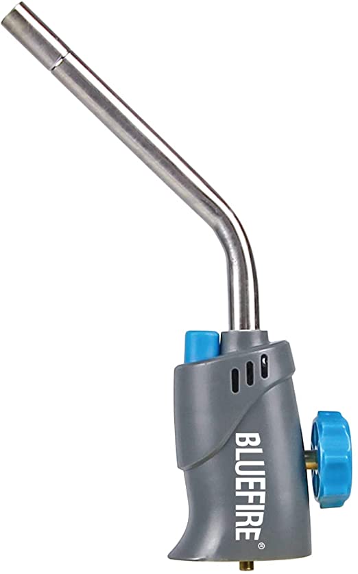 BLUEFIRE MRS-7014B Trigger Start Gas Welding Torch Head for Propane & MAP PRO Fuel,Extend 1.5" Burning Tube Nozzle Piezo Self Ignition Handhold Cylinder Soldering Brazing Triple-Point Flame