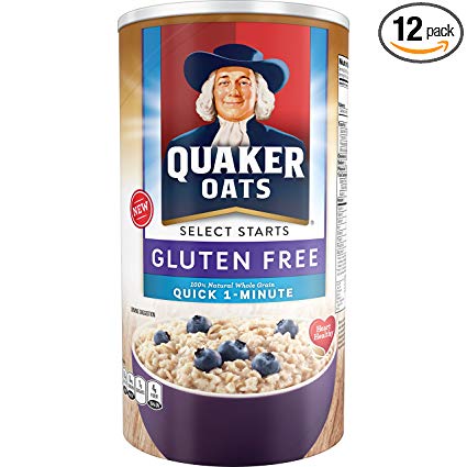 Quaker Oats Gluten Free Quick 1-Minute Oats, Original, Breakfast Cereal, 18 Ounce Canister (Pack of 12)