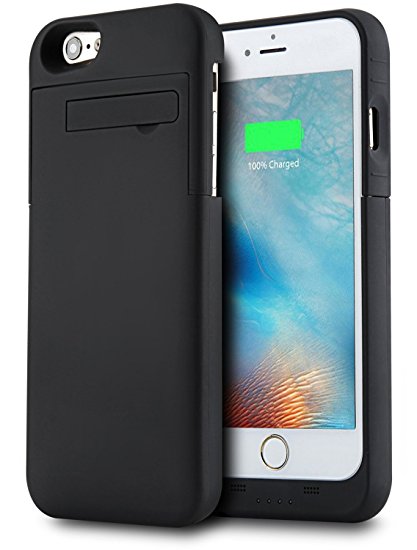 iPhone 6/6S Battery Case, PEMOTech 3200mAh iPhone Portable Charger Ultra Slim Rechargeable Extended Backup Battery Charging Pack External Power Bank Case Cover with Kickstand For iPhone 6/6S 4.7" (BLACK)
