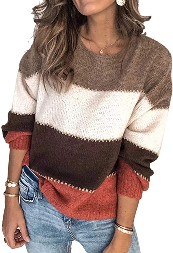 Angashion Women's Sweaters Casual Long Sleeve Crewneck Color Block Patchwork Pullover Knit Sweater Tops