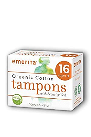 Emerita Organic Cotton Non-Applicator Tampons, White, Super Plus, 16 Count