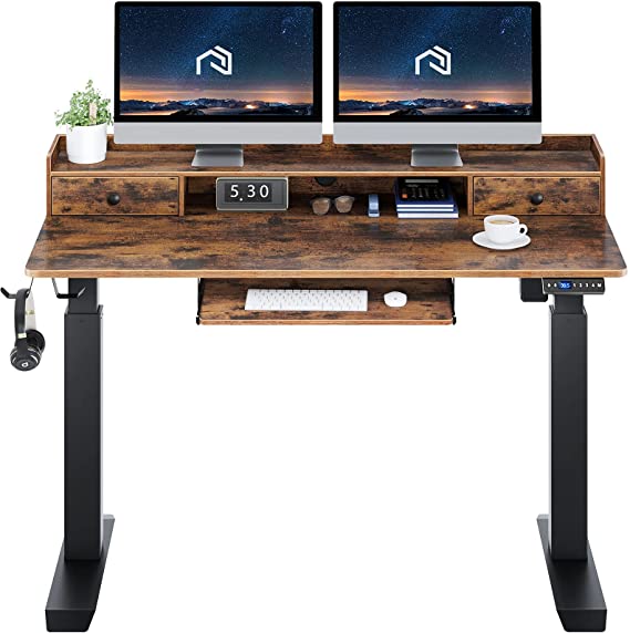 Rolanstar Height Adjustable Desk 47", Standing Desk with Keyboard Tray and Monitor Shelf, Electric Standing Table with Double Headphone Hooks, Rustic Brown