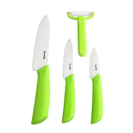 HornTide 4-Piece Kitchen Ceramic Knives Set (3"/7.5cm Paring 4"/10cm Utility 6"/15cm Chef Knife With one Peeler) White Blade and Green Handle