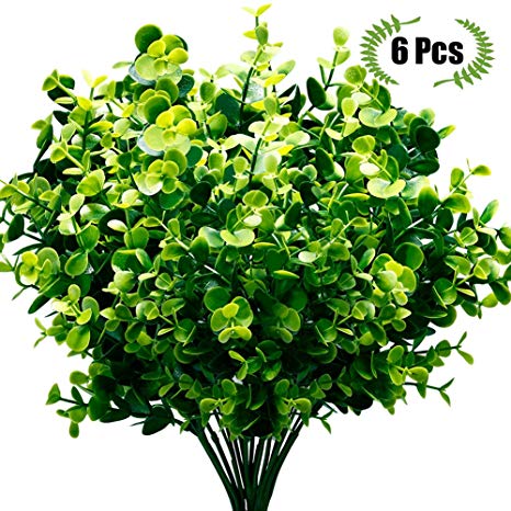 TEMCHY Artificial Plants Faux Boxwood Shrubs 6 Pack, Lifelike Fake Greenery Foliage with 42 Stems for Garden, Patio Yard, Wedding, Office and Farmhouse Indoor Outdoor Decor