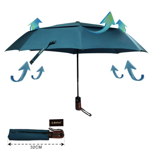 Top Quality Balios Auto Open and Close--Vented Double Canopy Compact Folding Umbrella--285T Premium Fabric--Quality Water-Repellent Ultra Soft Lightweight Fabric--Sturdy and Specially Constructed Frame--Ultra Comfort Handle--Mens and Ladies--Luxurious Teal Blue