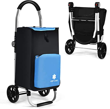 COSTWAY Foldable Shopping Trolley, 50kg Large Capacity Portable Shopping Cart on Wheels with Detachable Bag, Lightweight Supermarket Rolling Grocery Bag