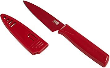 Kuhn Rikon COLORI Non-Stick Straight Paring Knife with Safety Sheath, 4 inch/10.16 cm Blade, Apple