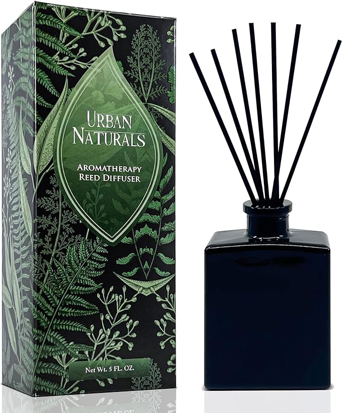 Urban Naturals Balsam Forest Reed Diffuser Oil Set – Fraser Fir, Evergreen, Pine, Woodsy Cedar and Sandalwood – 5 Ounce Sleek Black Rectangular Refillable Glass Bottle – Made in The USA