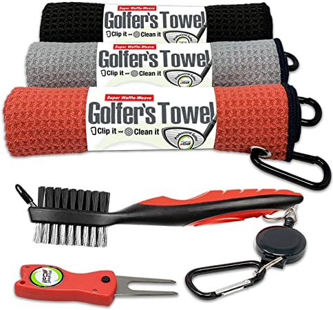 Fireball Golf Towel Gifts and Accessories Set (many colors) - 3 golf towels, golf divot tool, ball marker, and golf cleaning brush, golf gifts for men, women, children