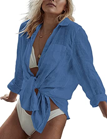 Bsubseach Women Long Sleeve Beach Shirt Blouses Turn Down Collar Bathing Suit Cover Ups