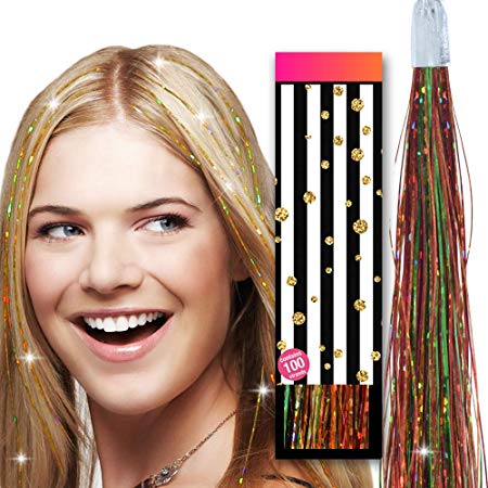 Hair Tinsel accessories kit for girls - HAIR DAZZLE - 100 Glitter Strands of Holographic Fairy Extensions, Professional Salon Quality, Add Shimmer & Sparkle - Christmas Mix Color (Red/Gold/Green)