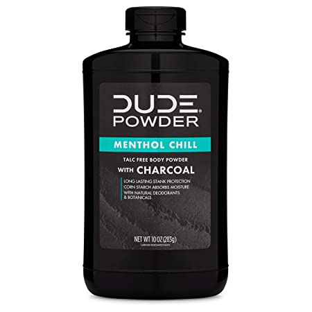 Dude Products, Body Powder Menthol Chill with Charcoal Bottle Natural Deodorizers Cooling Menthol Aloe Talc Free Formula CornStarch Based Daily PostShower Deodorizing Powder for Men, 10 Ounce