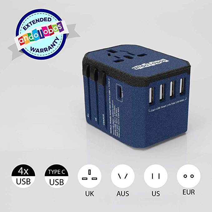 ANDOLOBOS Travel Adapter-All in One Worldwide International 4 USB Type C Charger AC Plug Adapter with 5.6A Smart Power 3.0A USB Type-C For USA EU UK AUS Asia Cell Phone Tablet Laptop