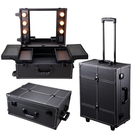 AW Black Rolling Studio Makeup Artist PVC Cosmetic 15x8x19' Case w/ Light Mirror Portable Train Table